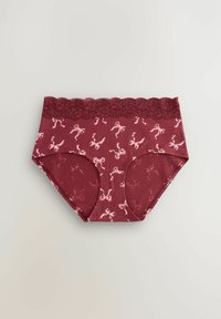 Bordeaux katoen onderbroek met een roze strikpatroon. Voorzien van een gestructureerde kanten tailleband en een klassieke hipster snit. Zacht, rekbaar materiaal.