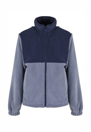 Veste en polaire dans deux nuances de bleu, dotée d'une fermeture éclair sur le devant, d'un col montant et de poignets élastiques, avec une texture lisse et un design en color block.