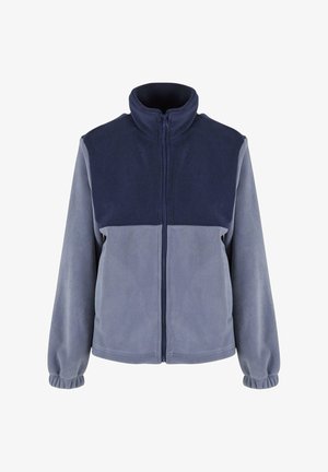 Veste en polaire dans deux nuances de bleu, dotée d'une fermeture éclair sur le devant, d'un col montant et de poignets élastiques, avec une texture lisse et un design en color block.
