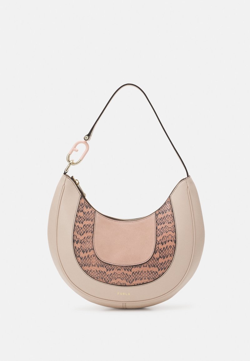 Half-moon shaped beige handbag with brown and black snake print accents, a black strap, and a pink clip attached to the strap.