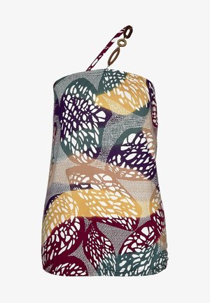 Camisole à motif avec des dessins de feuilles multicolores dans des teintes de vert, violet et jaune. Dispose d'une seule bretelle et de quincaillerie décorative.