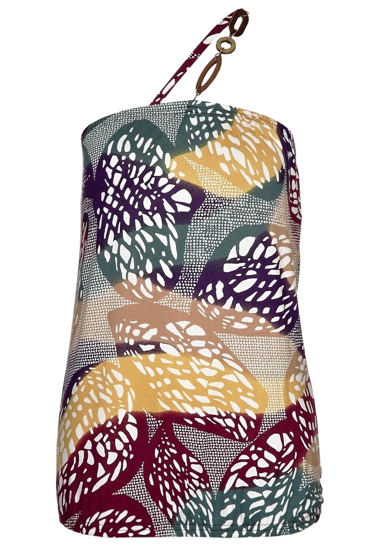 Camisolka w wzory z wielokolorowymi liśćmi w odcieniach zieleni, purpury i żółci. Posiada jeden ramiączko na ramię oraz ozdobne detale.