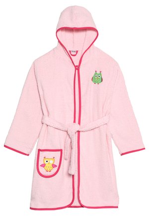 Rosa badekåpe med hette i myk frotté, med broderi av en grønn ugle på brystet og en lomme med design av en gul ugle. Kantet med rosa detaljer.
