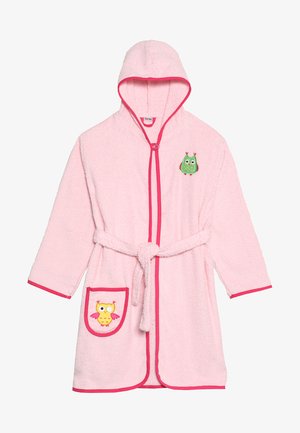 Pink hooded bathrobe in soft terrycloth, featuring a green owl embroidery on the chest and a pocket with a yellow owl design. Trimmed with pink accents.
