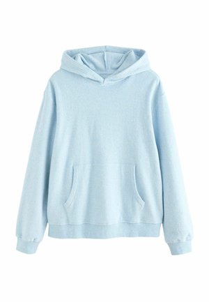 Lyseblå hættetrøje i blødt stof med lynlås, forlommer, ribbede manchetter og bund, med en afslappet pasform og minimalistisk design.
