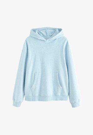 Lyseblå hættetrøje i blødt stof med lynlås, forlommer, ribbede manchetter og bund, med en afslappet pasform og minimalistisk design.