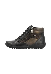 Bottine en cuir noir et bronze avec fermeture éclair sur le côté, devant à lacets, finition texturée et semelle en caoutchouc avec un motif en zigzag.