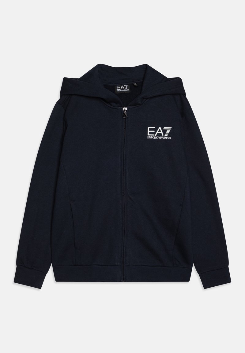 Marinblå zip-up hoodie med framfickor och vit EA7 Emporio Armani-logga på vänster bröst.