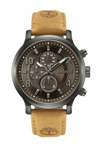 Chronograph-Uhr mit einem dunkelbraunen strukturierten Zifferblatt, silbernen Zeigern und Ziffern. Hat ein hellbraunes Lederarmband mit Logo und heller Naht.