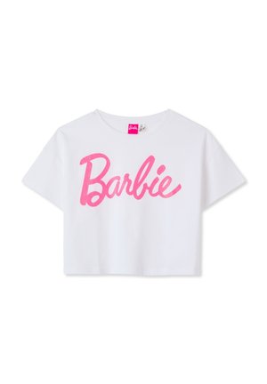 T-shirt bianca corta in cotone con una grande scritta rosa "Barbie" in un font giocoso. Maniche corte e scollo rotondo.