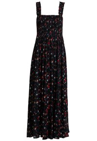 Robe maxi en tissu noir avec un motif floral rouge, blanc et turquoise. Comprend un corsage smocké et de larges bretelles froufroutantes.