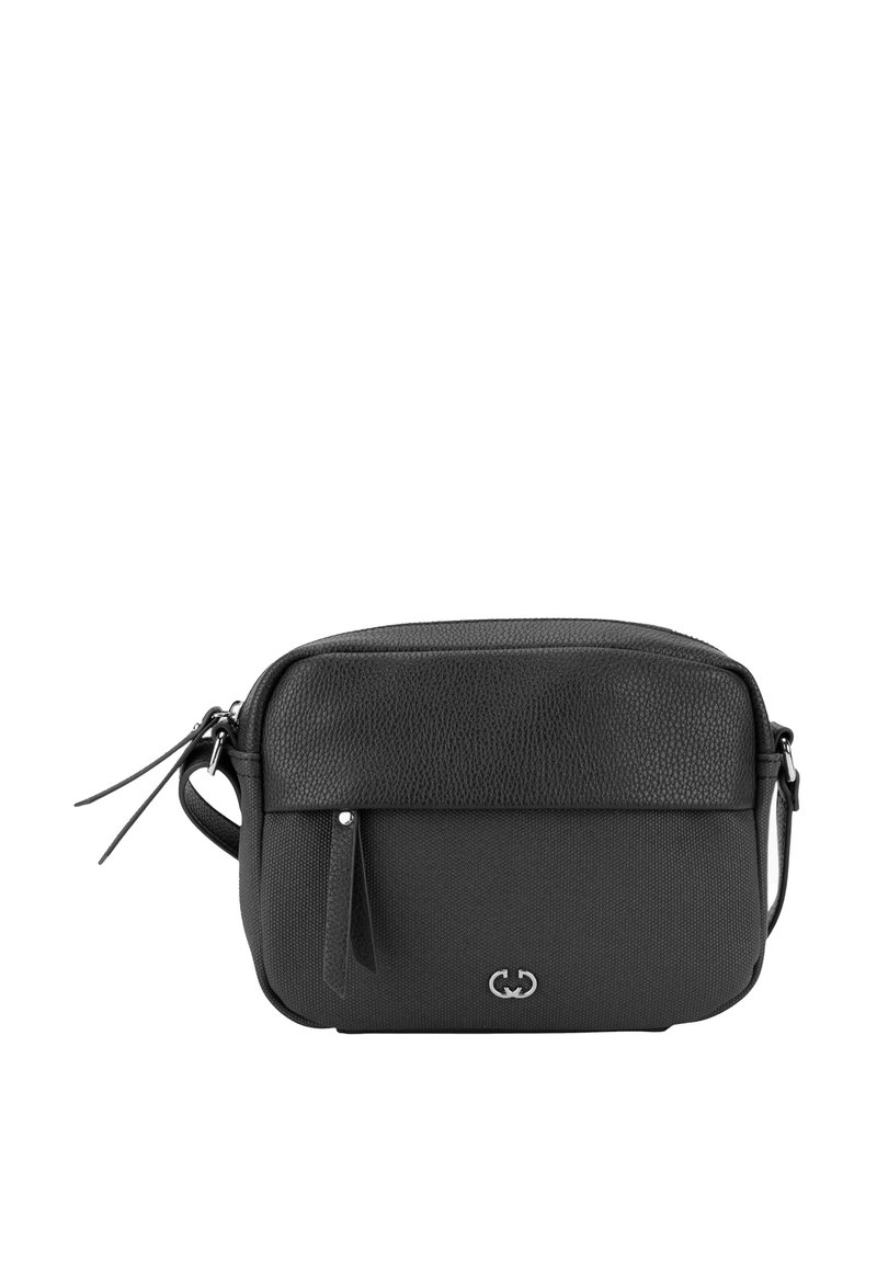 Sort læder crossbody taske med struktureret overflade, lynlåslukning, квіст detalje og logoemblem foran. Har justerbar strop.