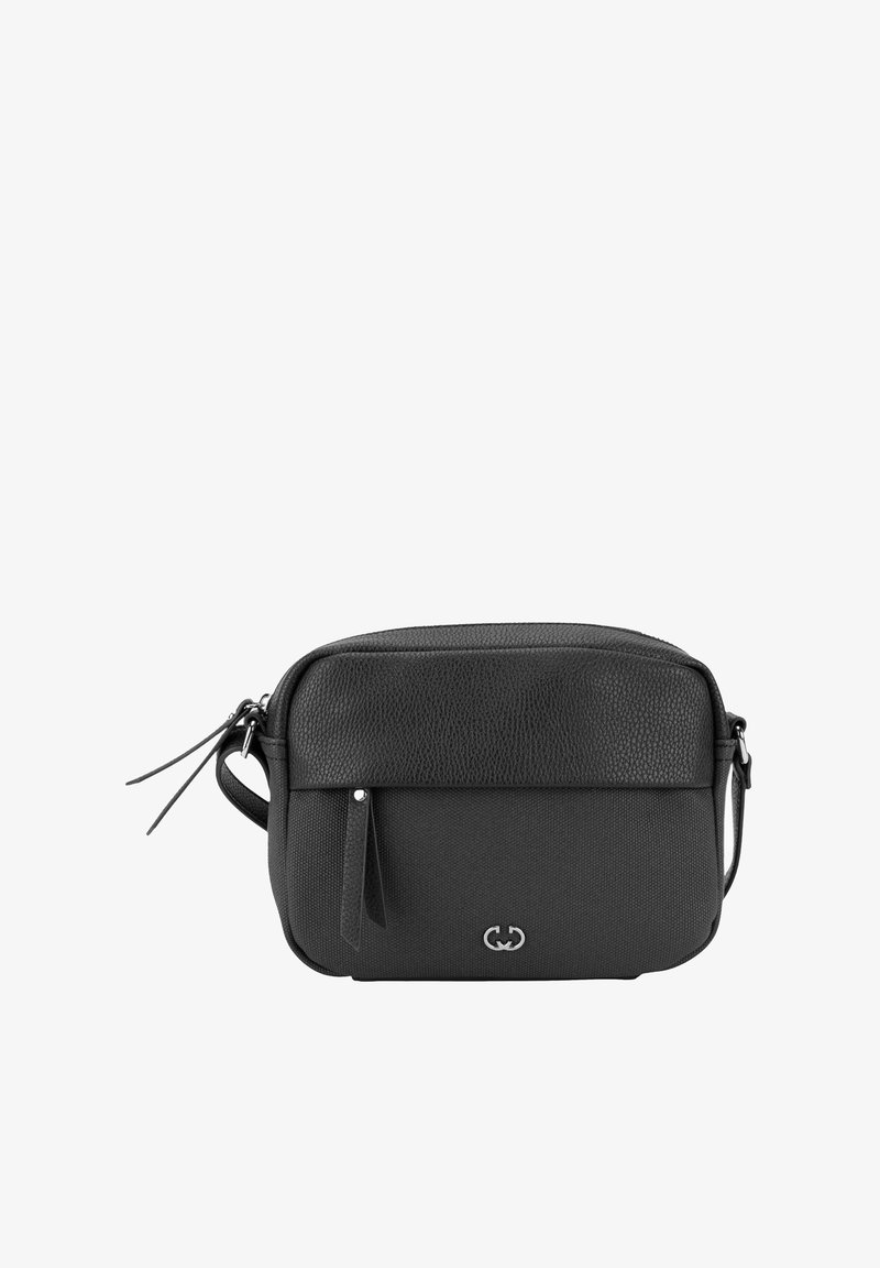 Borsa a tracolla in pelle nera con superficie testurizzata, chiusura con zip, dettaglio con frange e logo sulla parte frontale. Dotata di tracolla regolabile.