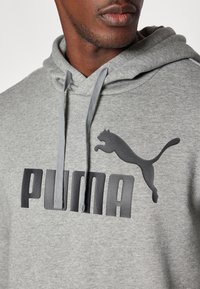 Felpa grigia con cappuccio e coulisse, con logo Puma nero e scritte in grassetto. Tessuto morbido, design casual.