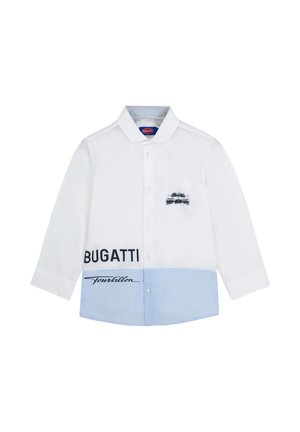 White and light blue long-sleeve button-up shirt with "BUGATTI" and "Tourbillon" text and a small car graphic on the chest pocket.