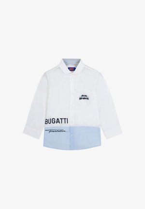 Camicia bianca e azzurra a maniche lunghe con bottoni, con le scritte "BUGATTI" e "Tourbillon" e una piccola grafica di un'auto sulla tasca del petto.