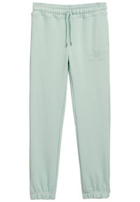 Lichtgroene joggingbroek met elastische tailleband, trekkoord, zijzakken en elastische boorden, met een subtiel gedrukt logo op de voorkant van de dij.