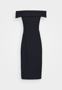 Černé šaty bez ramínek, přiléhavé, ke kolenům, s hladkou texturou a strukturovaným tvarem, s širokým výstřihem a bez ozdob.