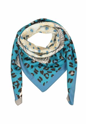 Blue scarf with brown leopard spots, beige floral patterns, and gray zebra stripes, folded in a triangle shape.