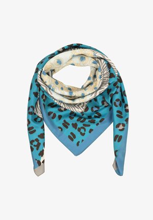 Blue scarf with brown leopard spots, beige floral patterns, and gray zebra stripes, folded in a triangle shape.