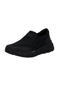 Schwarzer Slip-on-Sneaker mit atmungsaktivem Mesh-Obermaterial, gepolsterter Schaumsohle und elastischen Seitenpaneelen für einfaches An- und Ausziehen sowie hohen Tragekomfort.