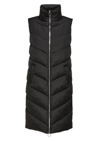 Gilet rembourré noir avec un col haut, une fermeture éclair à l'avant et un motif en chevrons. Présente deux poches latérales et une texture lisse matelassée.
