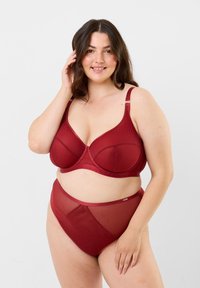 Röd underklädesuppsättning som består av en genomskinlig bh med byglar och matchande högmidjade trosor, tillverkade av mjukt meshtyg.