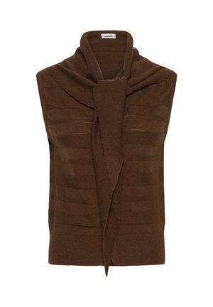 Brauner ärmelloser Pullover mit Schalkragen und vorderem Knoten. Hat eine horizontale Ripptextur und seitliche Schlitze. Aus weichem Strickstoff.
