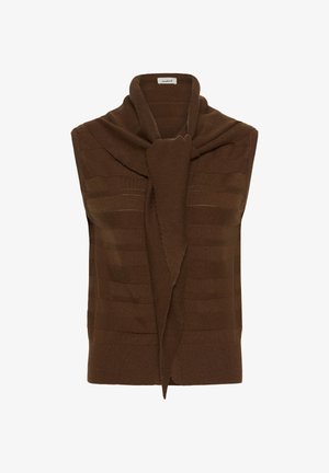 Pull en brown sans manches avec col châle et lien avant. Présente une texture à côtes horizontales et des fentes sur les côtés. Tissu tricoté doux.