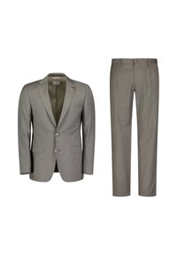 Szary garnitur składający się z marynarki zapinanej na dwa guziki z klapkami i dopasowanych spodni o gładkim przodzie, wykonany z teksturowanej tkaniny.