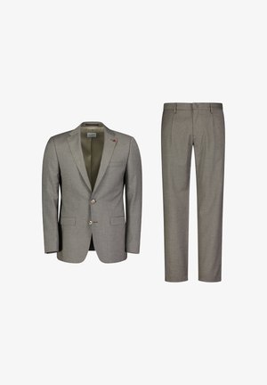 Grijs pakken met een dubbele knoop blazer met notch revers en bijpassende rechte broek, vervaardigd uit gestructureerde stof.