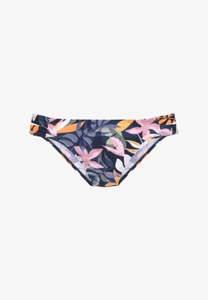 Floral bikini bottom featuring a navy background with pink, orange, and green leaves. Made of smooth, stretchable fabric with side twists.