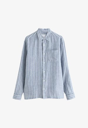Striped long-sleeve shirt in light blue and white. Features a button-down front, single chest pocket, and a standard collar. Soft texture.