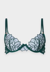 Grønn blonde-bh med blomsterbroderi, semi-transparent mesh-kopper, justerbare stropper og bølgete kanter. Har detaljer i gullfarge.