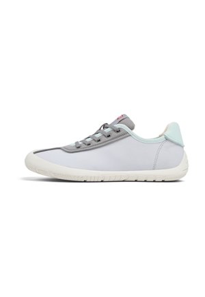 Gray and white sneaker with a textured upper, lace closure, mint green accents on the heel, and a flexible rubber sole.