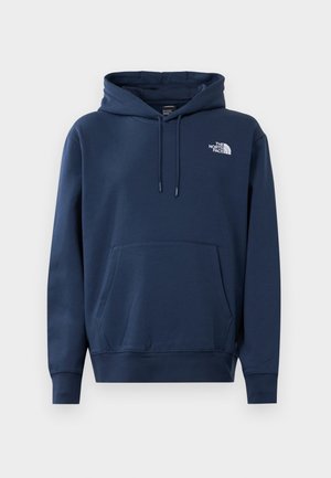 Navy-blaues Hoodie mit Kapuze mit Kordelzug, Kängurutasche, gerippten Bündchen und einem weißen Logo auf der linken Brust. Aus weichem Material hergestellt.