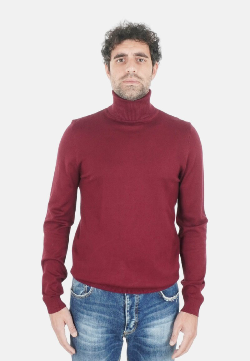 Maglione a collo alto color bordeaux realizzato in tessuto morbido, con maniche lunghe e colletto a coste, abbinato a jeans blu strappati.