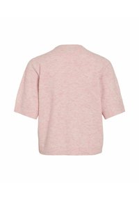 Maglione corto a maniche corte rosa, texture morbida, scollatura rotonda, vestibilità rilassata, design uniforme, con una leggera finitura melangiata.