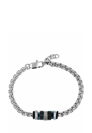 Zilveren kettingarmband met zwarte, blauwe en zilveren cilindervormige kralen en een karabijnsluiting met verstelbare schakels.