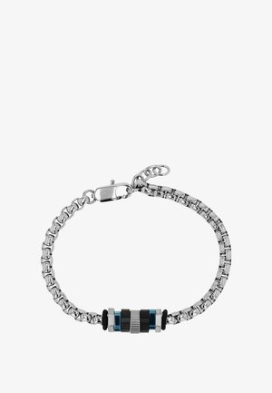 Silbernes Kettenarmband mit schwarzen, blauen und silbernen zylindrischen Perlen und einem Karabinerverschluss mit verstellbaren Gliedern.