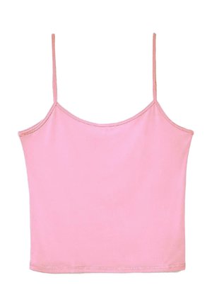 Pinkes ärmelloses Croptop mit dünnen Spaghettiträgern und einem Rundhalsausschnitt vor weißem Hintergrund.
