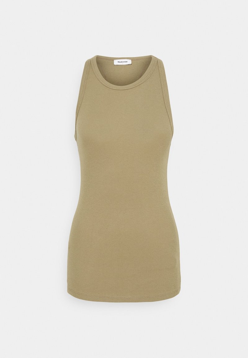 Top débardeur côtelé beige ajusté, sans manches, avec encolure ronde et larges bretelles.