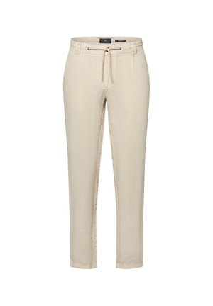 Beige Hosen aus leichtem Stoff, mit einem Kordelzugbund und schmal zulaufenden Beinen. Glatte Textur ohne sichtbare Muster oder Akzente.