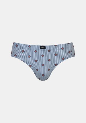 Sous-vêtements de style bikini rayés bleu et blanc avec des motifs floraux rouges et navy. Présente une étiquette logo noire au niveau de la taille.