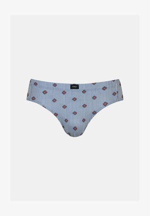 Gestreepte blauw-witte bikini-ondergoed met bloemenpatronen in rood en marineblauw. Heeft een zwart logo-label op de tailleband.