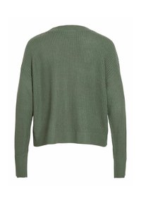 Pull en tricot vert avec une coupe décontractée, des manches larges et un ourlet côtelé. Tissu texturé avec un design léger et respirant.
