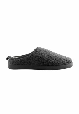 Gray slip-on slipper with soft, fuzzy exterior and flat black sole, designed for indoor comfort and easy wear.