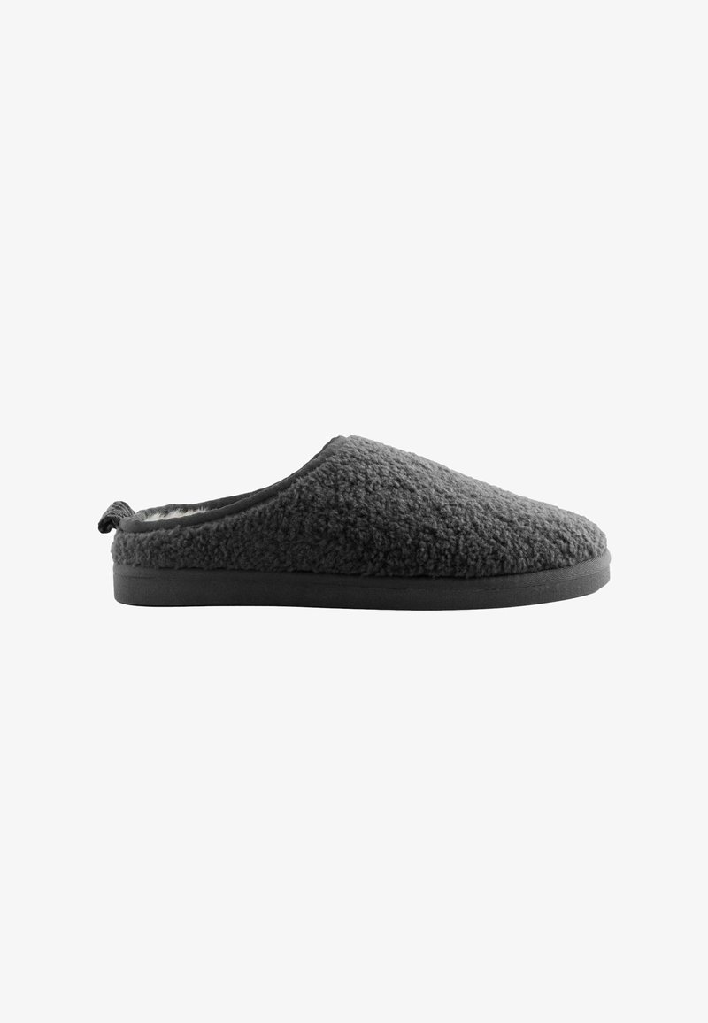 Gray slip-on slipper with soft, fuzzy exterior and flat black sole, designed for indoor comfort and easy wear.