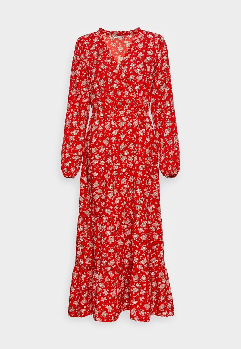 Robe midi rouge à manches longues avec motif floral blanc, col en V, taille froncée et ourlet à volants sur fond uni.
