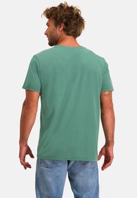 Groene katoenen T-shirt met een ronde hals en korte mouwen, voorzien van een eenvoudig ontwerp en een relaxte pasvorm, gezien vanuit de achterkant.